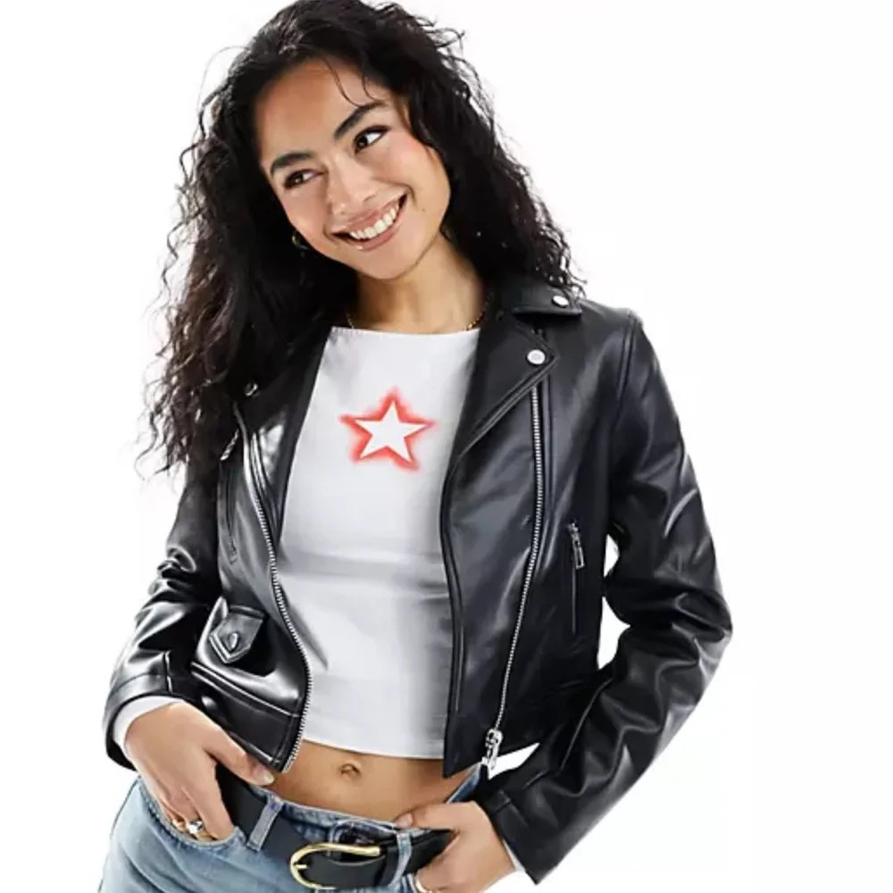 H&M Black Faux Leather Moto Biker Jacket Women’s Small Edgy Zip Front